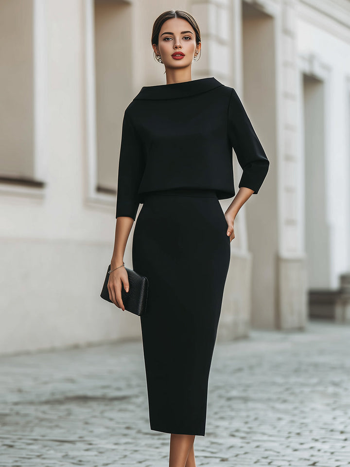 Women's Elegant Cropped Top And Midi Skirt Two-Piece Set with Boat Neckline