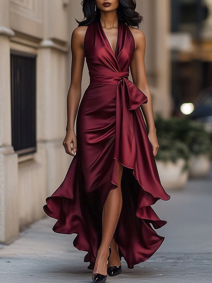 Satin Halter Midnight Wedding Guest Ruffle Gown