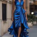 Satin Halter Midnight Wedding Guest Ruffle Gown