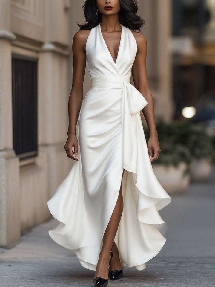 Satin Halter Midnight Wedding Guest Ruffle Gown