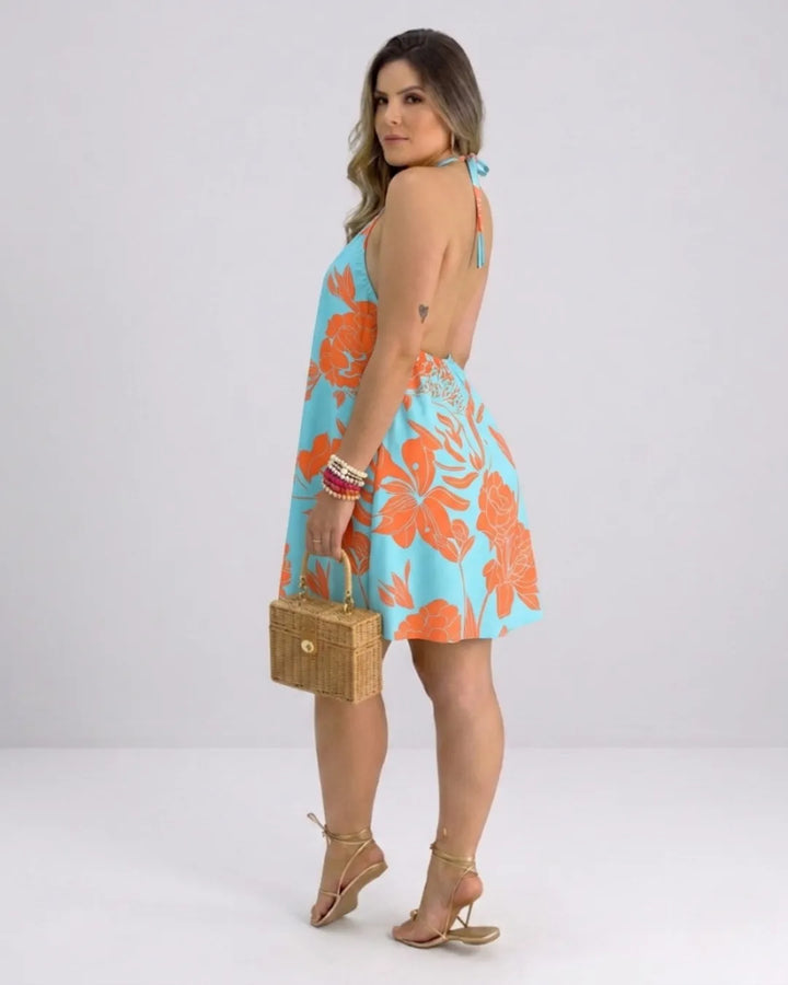 Women's Halter Neck Swing Dress – Tropical Mini Dress with Floral Print | Beach Dress