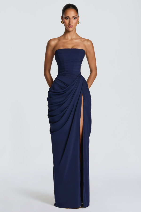 Graduation Dress, Strapless Maxi with Boned Corset Bodice and Draped Wrap Skirt