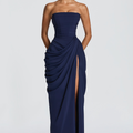 Party Dress, Strapless Maxi with Boned Corset Bodice and Draped Wrap Skirt