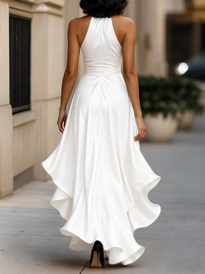 Satin Halter Midnight Wedding Guest Ruffle Gown