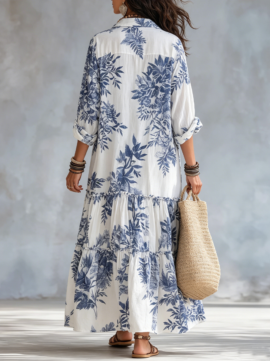 Mediterranean Botanical Button Down Loose Tiered Caftan Dress