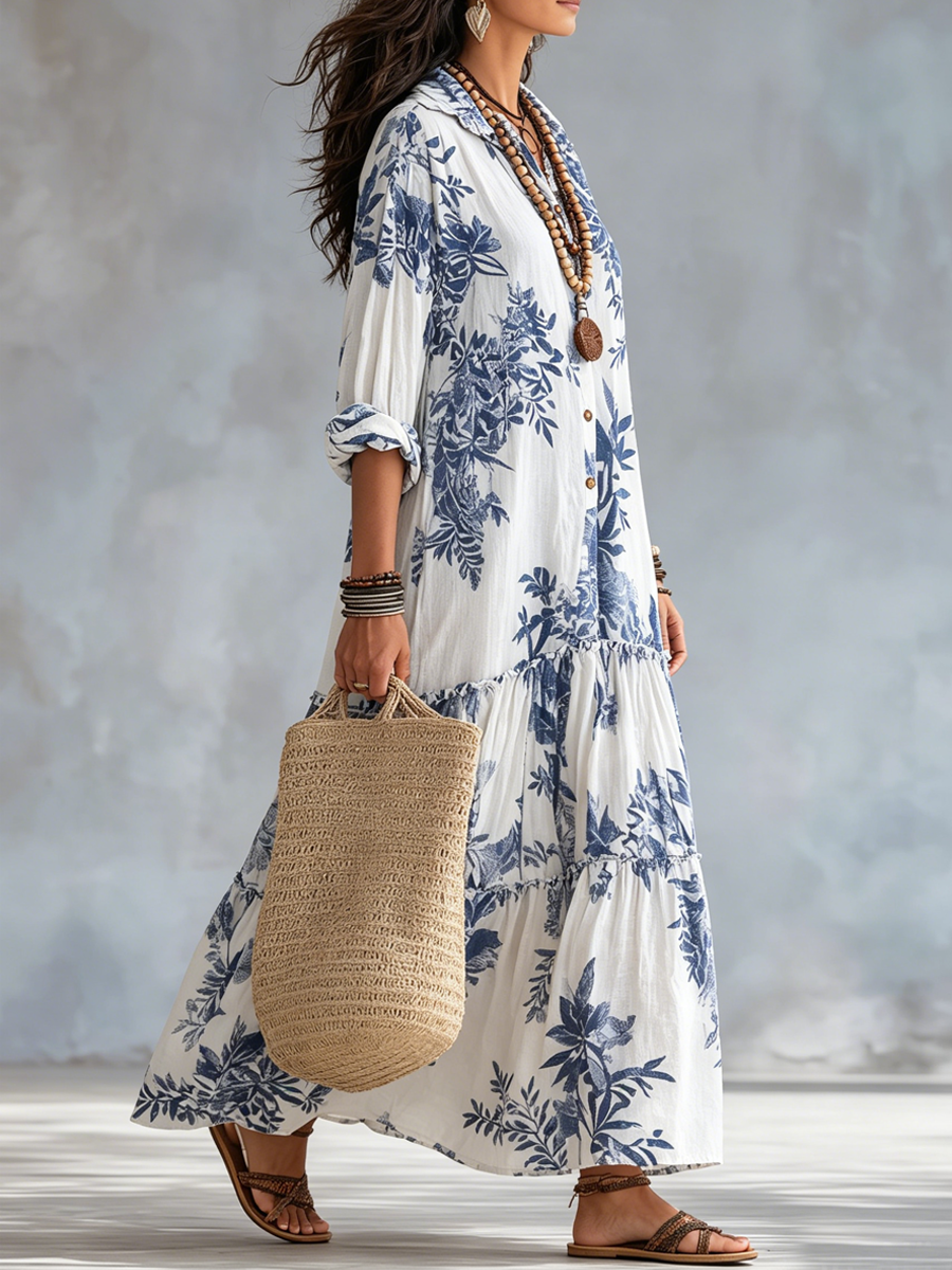 Mediterranean Botanical Button Down Loose Tiered Caftan Dress
