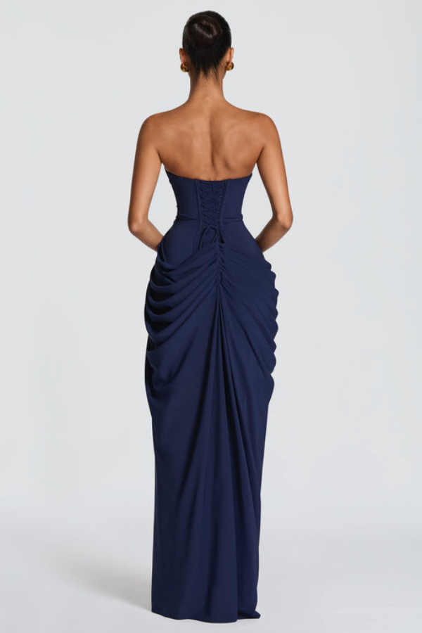 Graduation Dress, Strapless Maxi with Boned Corset Bodice and Draped Wrap Skirt