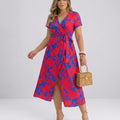 Women's Wrap Dress with Floral Print – V-Neck Midi Dress with Slit & Tie Belt
