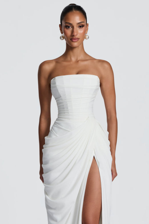 Graduation Dress, Strapless Maxi with Boned Corset Bodice and Draped Wrap Skirt