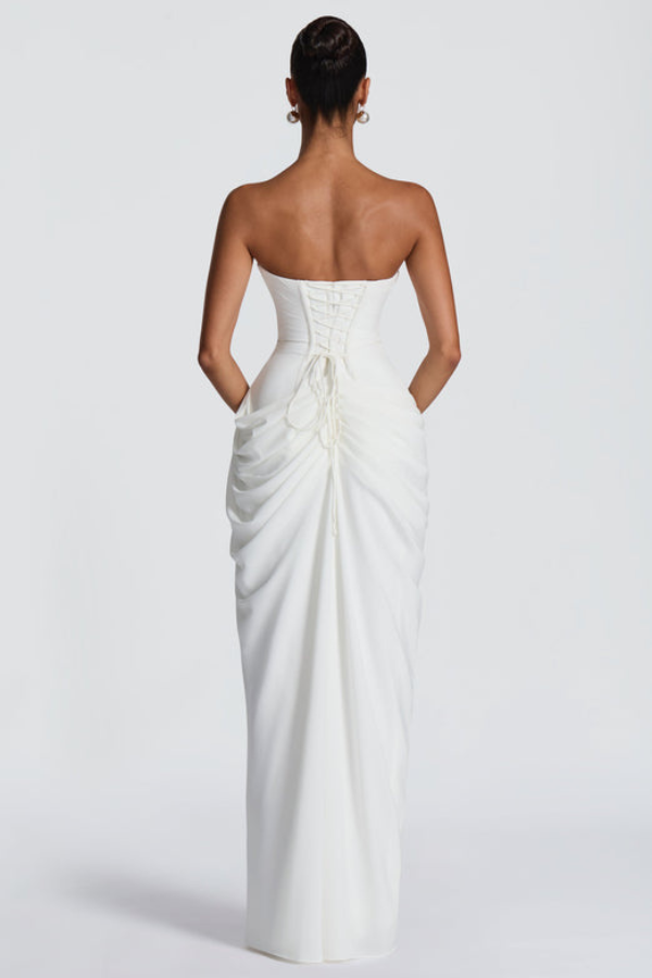 Graduation Dress, Strapless Maxi with Boned Corset Bodice and Draped Wrap Skirt