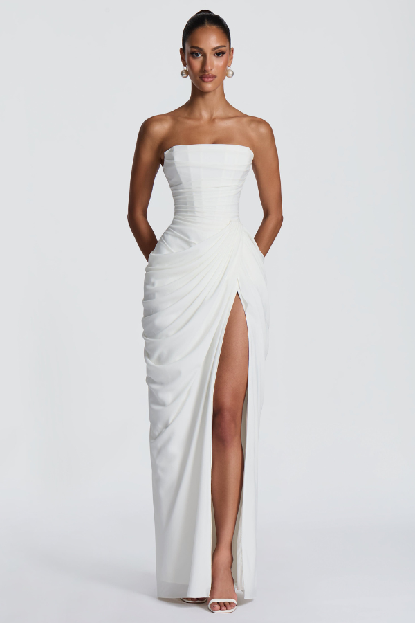 Graduation Dress, Strapless Maxi with Boned Corset Bodice and Draped Wrap Skirt