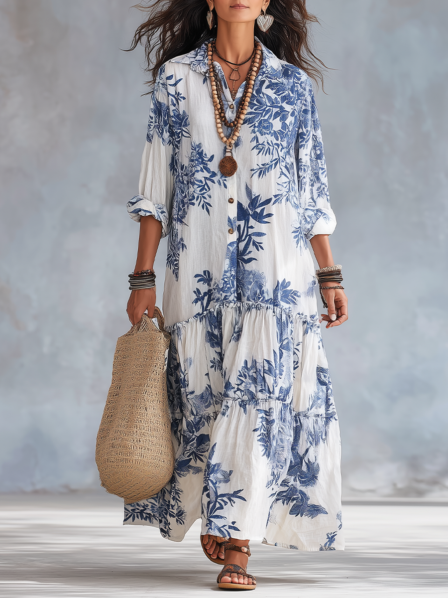 Mediterranean Botanical Button Down Loose Tiered Caftan Dress