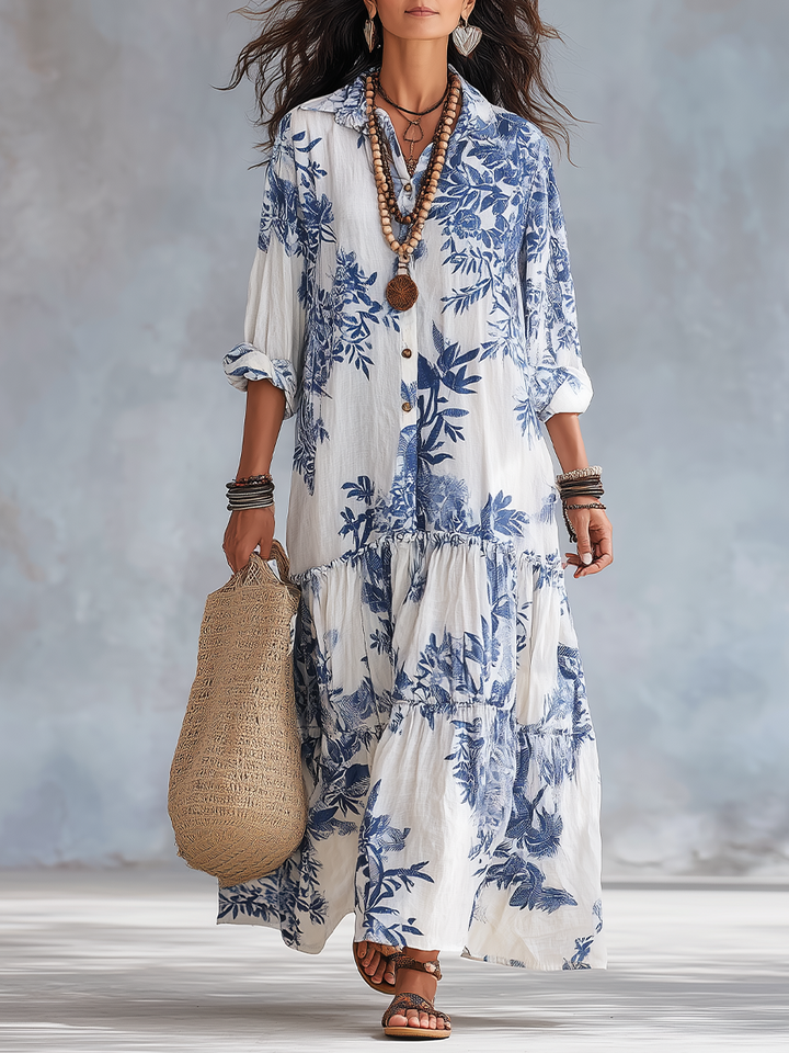 Mediterranean Botanical Button Down Loose Tiered Caftan Dress