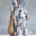 Mediterranean Botanical Button Down Loose Tiered Caftan Dress