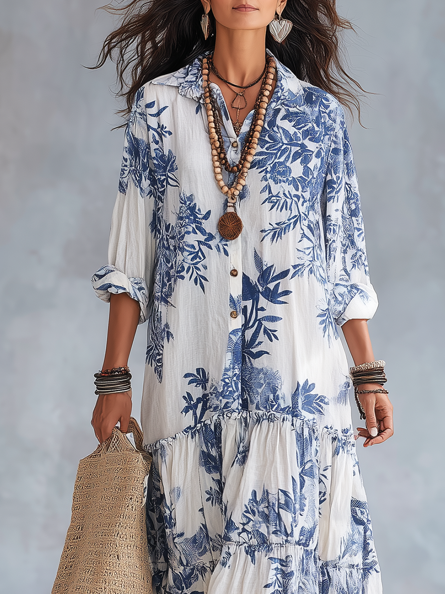 Mediterranean Botanical Button Down Loose Tiered Caftan Dress
