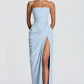 Graduation Dress, Strapless Maxi with Boned Corset Bodice and Draped Wrap Skirt