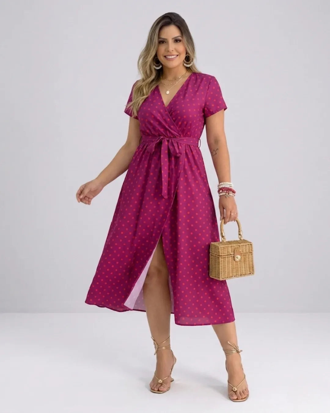 Women's Polka Dot Wrap Dress – Retro Midi Summer Dress with V-Neck & Slit