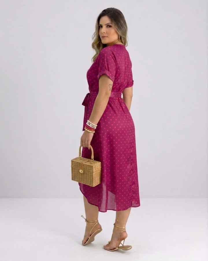 Women's Polka Dot Wrap Dress – Retro Midi Summer Dress with V-Neck & Slit