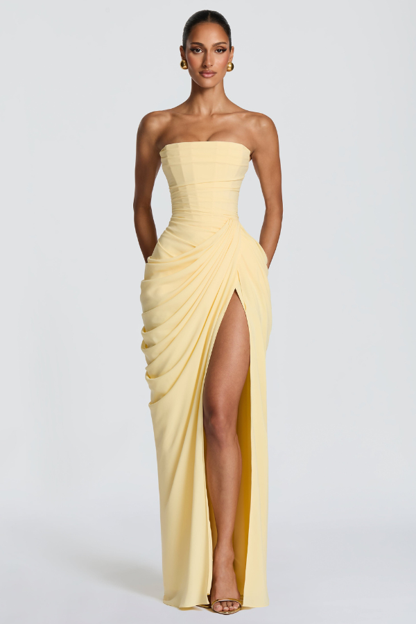 Graduation Dress, Strapless Maxi with Boned Corset Bodice and Draped Wrap Skirt