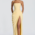 Cocktail Dress, Strapless Maxi with Boned Corset Bodice and Draped Wrap Skirt
