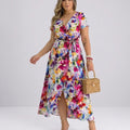 Women's Wrap Dress with Floral Print – V-Neck Midi Dress with Slit & Tie Belt