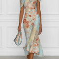 Blue Floral One Shoulder Mermaid Midi Dress