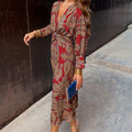 Women's Wedding Guest Dress | Midi V-Neck Long Sleeve Printed