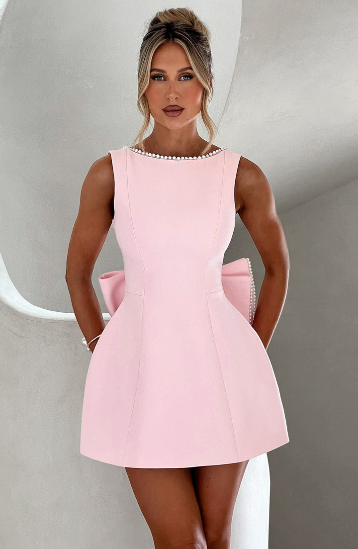 Formal Wedding Guest A-Line Mini Dress with Pearl Trim for Women