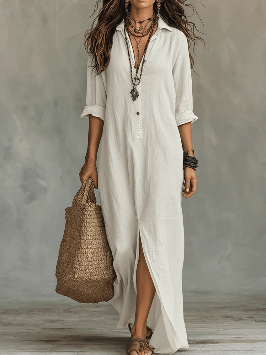 Relaxed V-Neck Button Maxi Dress