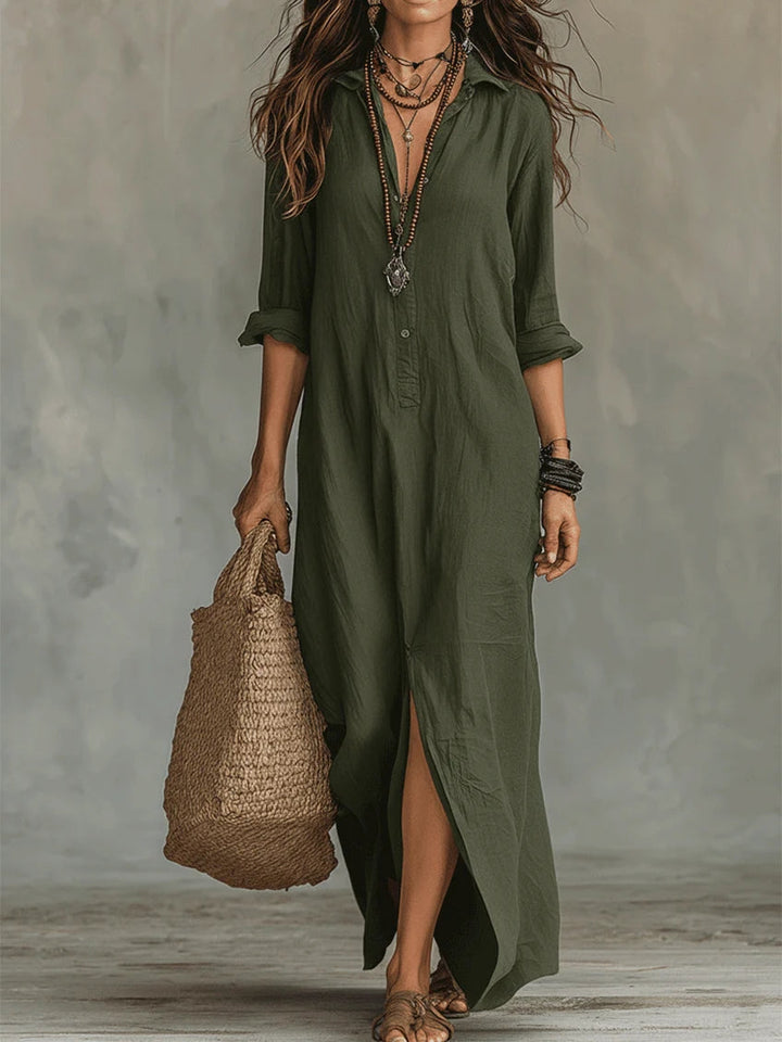 Relaxed V-Neck Button Maxi Dress