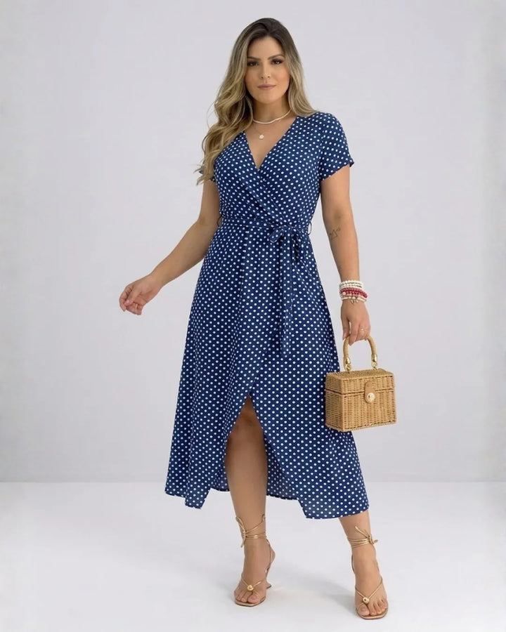 Women's Polka Dot Wrap Dress – Retro Midi Summer Dress with V-Neck & Slit