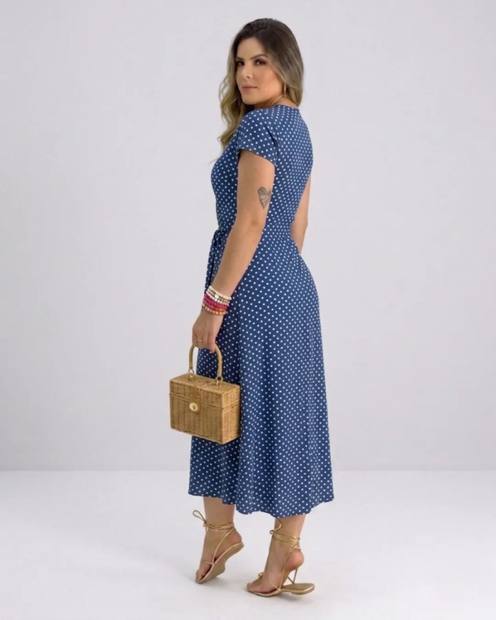 Women's Polka Dot Wrap Dress – Retro Midi Summer Dress with V-Neck & Slit