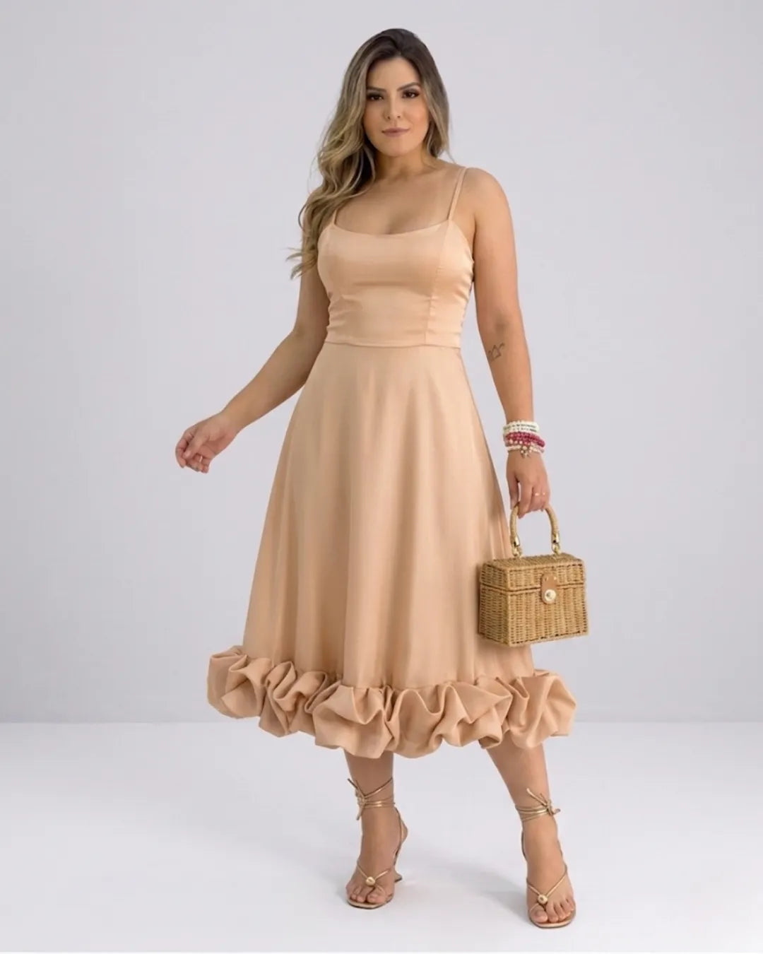 Ladies Elegant A-Line Dress – Spaghetti Strap Midi Dress with Ruffle Skirt | Party & Wedding