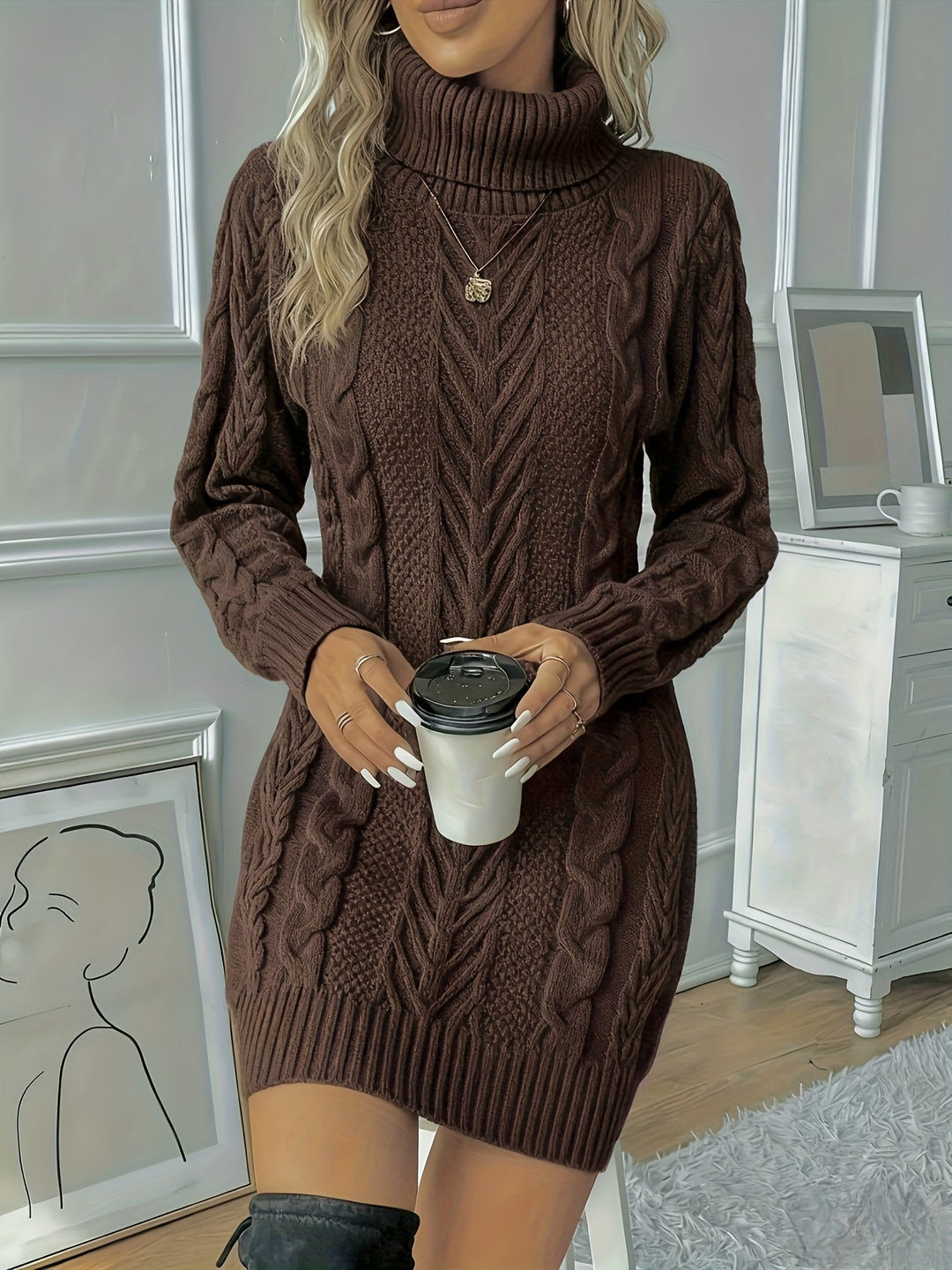 Women's Sweater Dress | Turtleneck Cable Knit Long Sleeve
