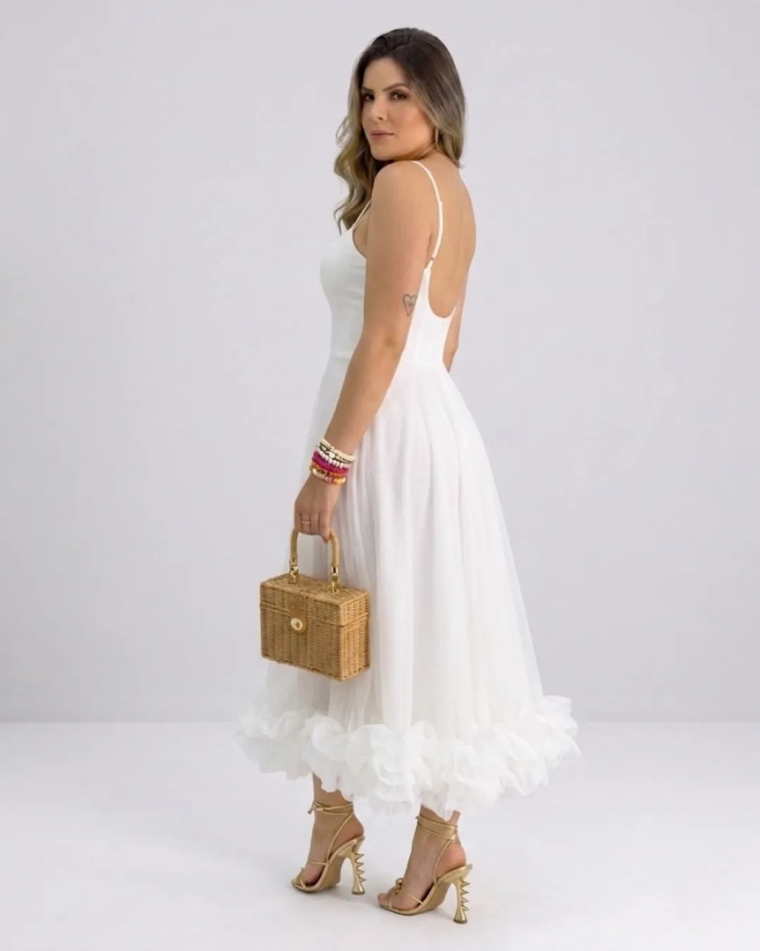 Ladies Elegant A-Line Dress – Spaghetti Strap Midi Dress with Ruffle Skirt | Party & Wedding