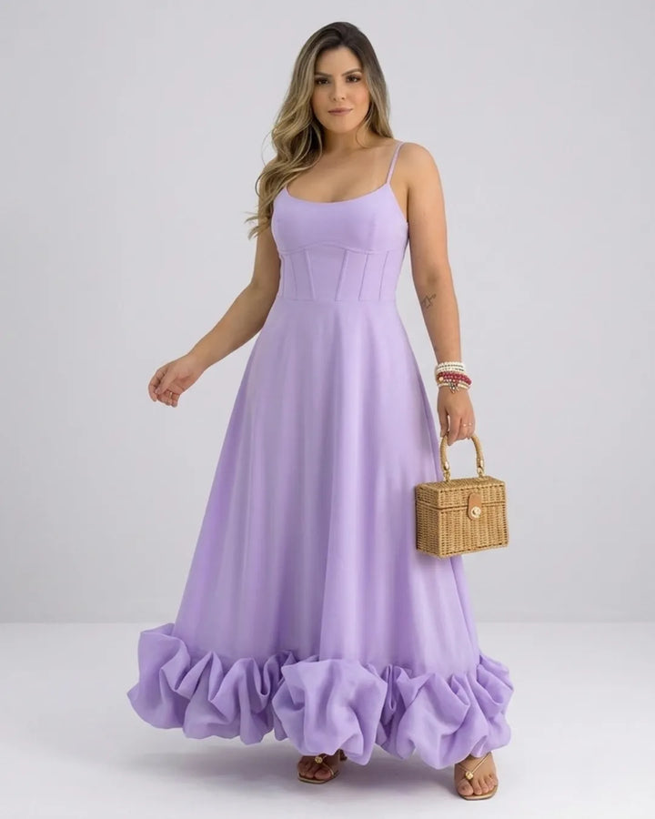 Ladies Elegant A-Line Dress – Spaghetti Strap Midi Dress with Ruffle Skirt | Party & Wedding