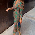 Women's Wedding Guest Dress | Midi V-Neck Long Sleeve Printed