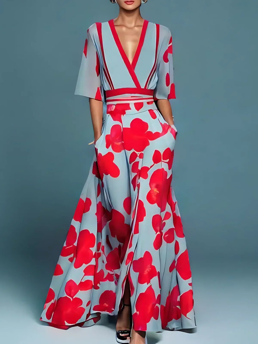 Elegant Floral V-Neck Long Dress