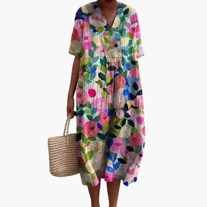 Floral V Neck Short Sleeve Oversized Casual Midi Dress