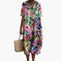 Floral V Neck Short Sleeve Oversized Casual Midi Dress