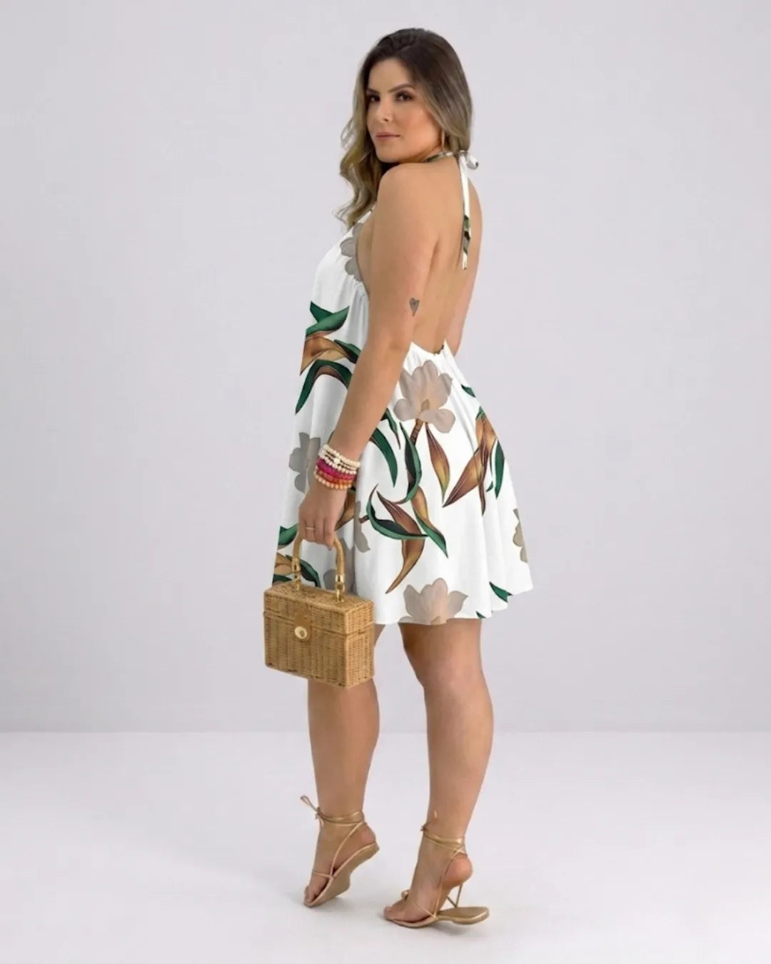 Women's Halter Neck Swing Dress – Tropical Mini Dress with Floral Print | Beach Dress