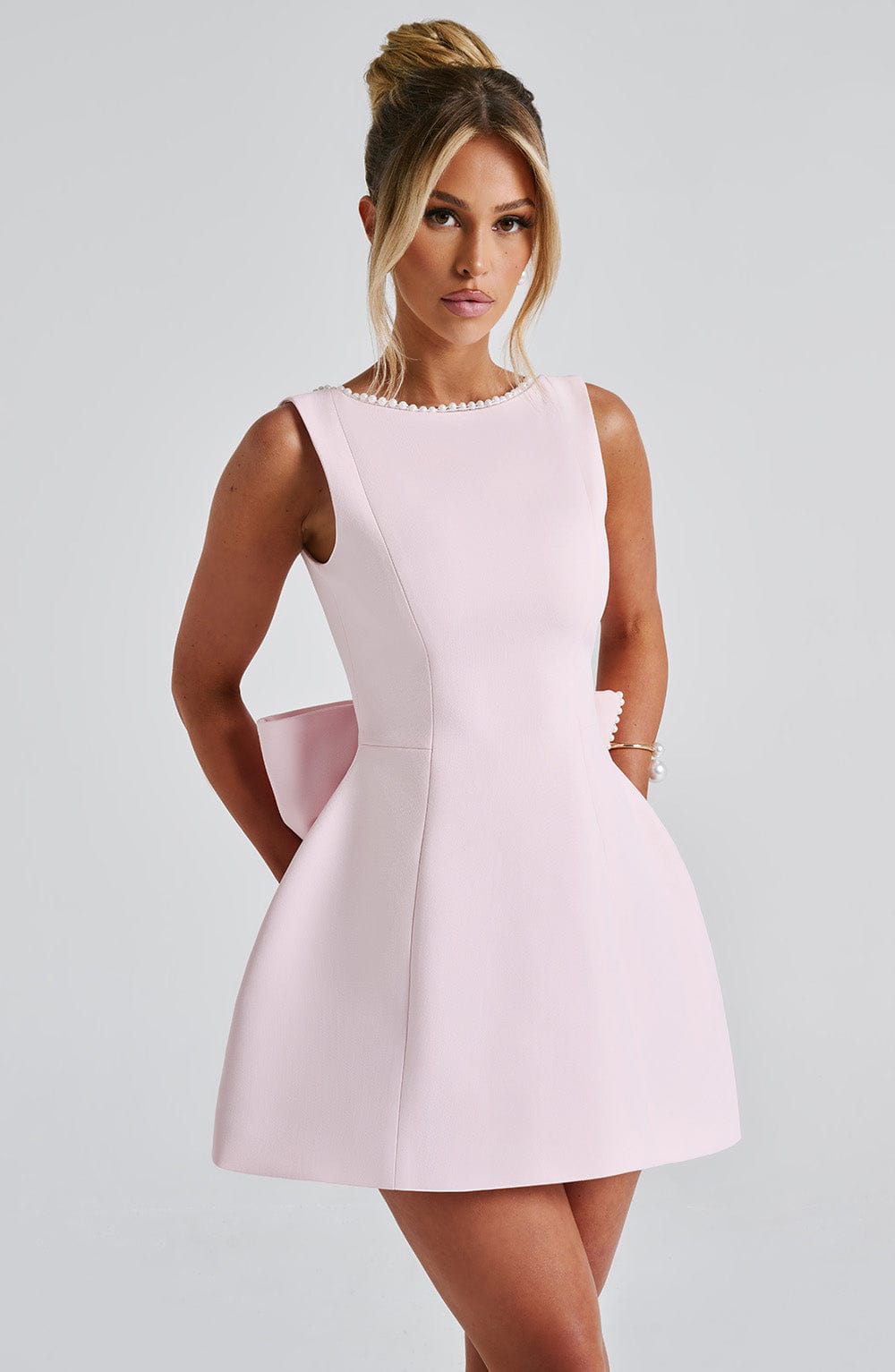 Formal Wedding Guest A-Line Mini Dress with Pearl Trim for Women