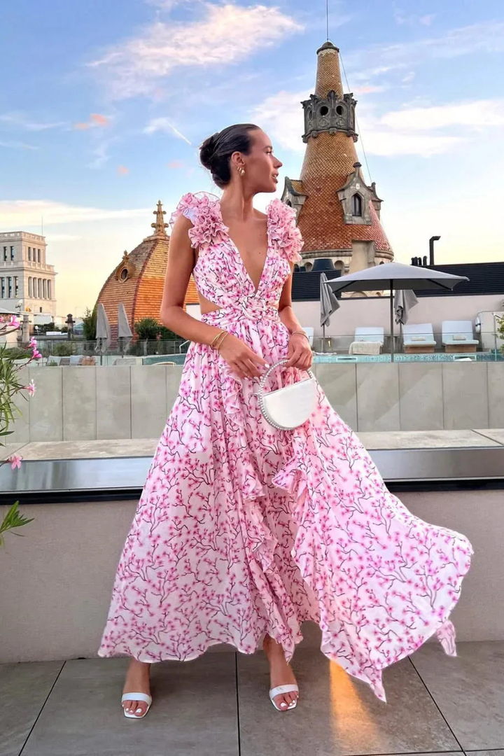 Formal Floral Wedding Guest Maxi Dress with V-Neck and Ruffles for Women