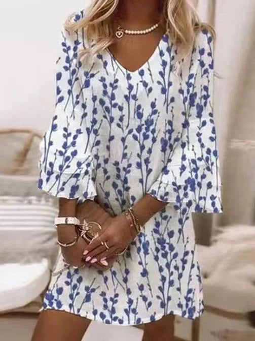A-Line Summer Mini Dress with V-Neck and Flare Sleeves for Women