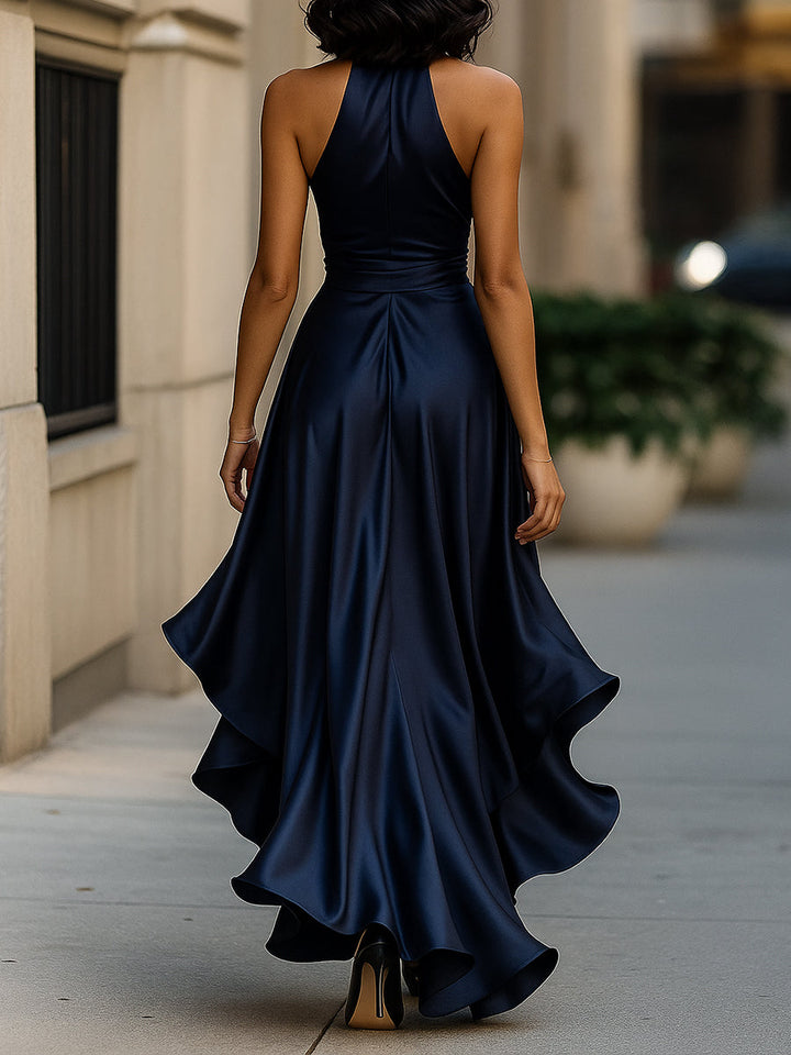 Satin Halter Midnight Wedding Guest Ruffle Gown