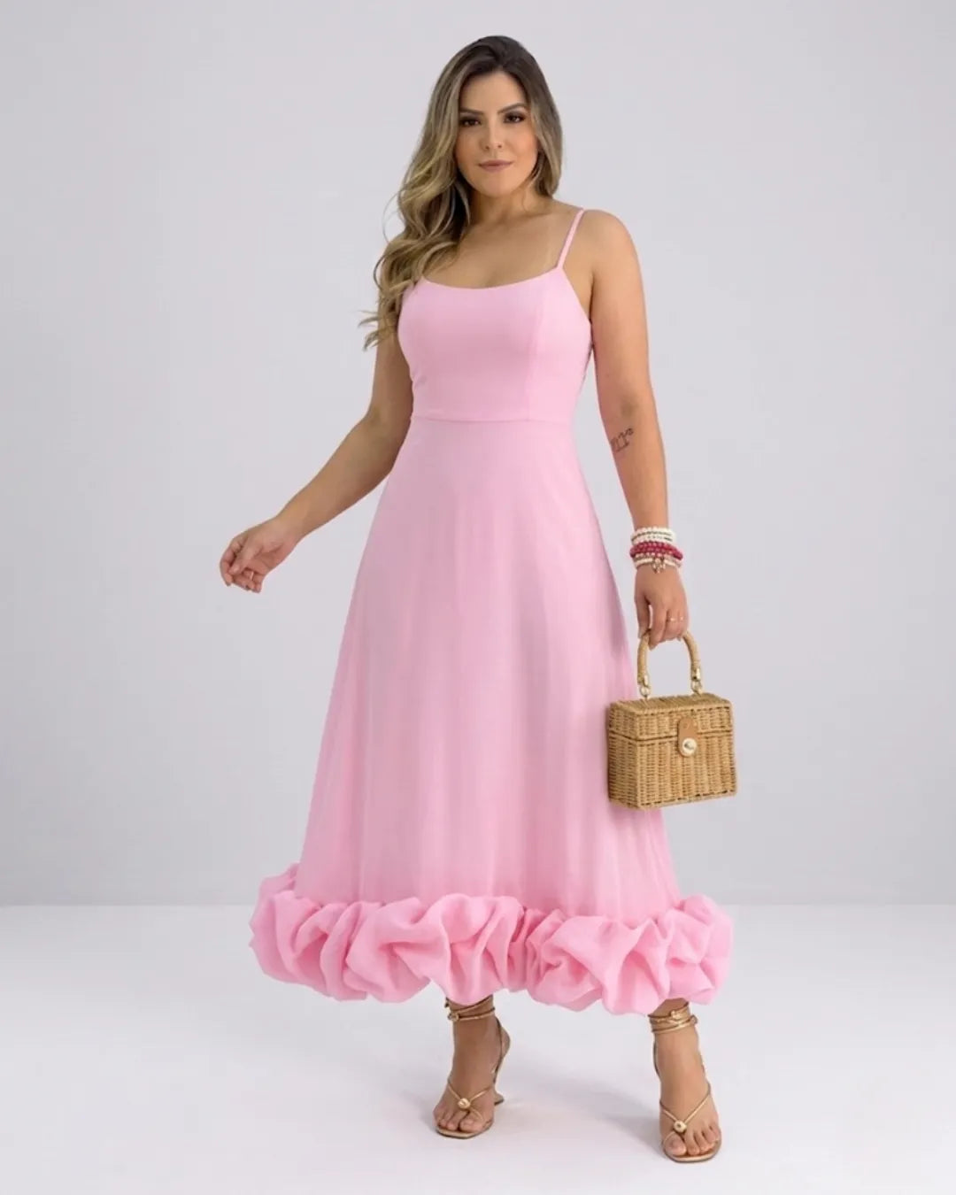 Ladies Elegant A-Line Dress – Spaghetti Strap Midi Dress with Ruffle Skirt | Party & Wedding