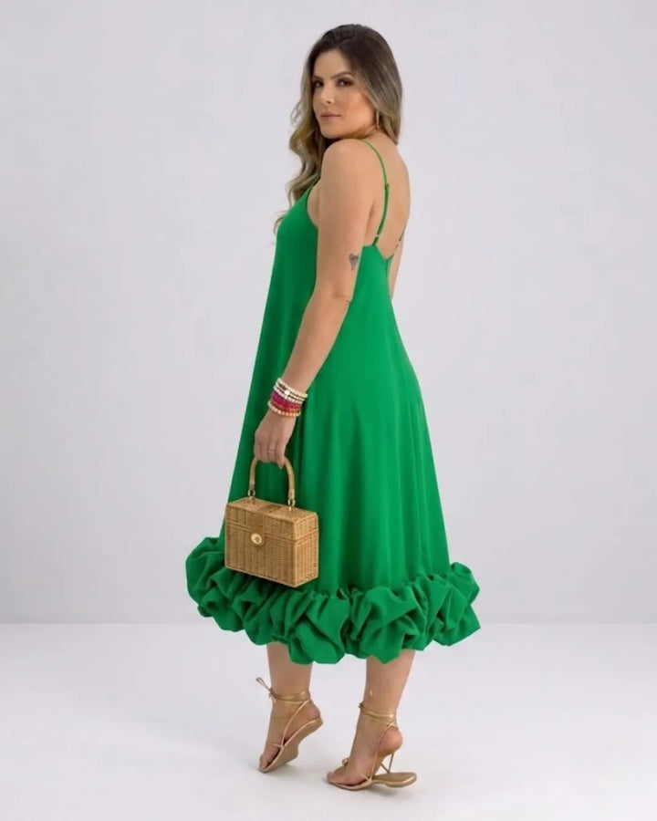 Ladies Elegant A-Line Dress – Spaghetti Strap Midi Dress with Ruffle Skirt | Party & Wedding