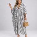 Women's Kaftan Maxi Dress – Airy Striped Dress with Deep V-Neck & Batwing Sleeves