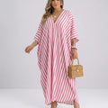 Women's Kaftan Maxi Dress – Airy Striped Dress with Deep V-Neck & Batwing Sleeves