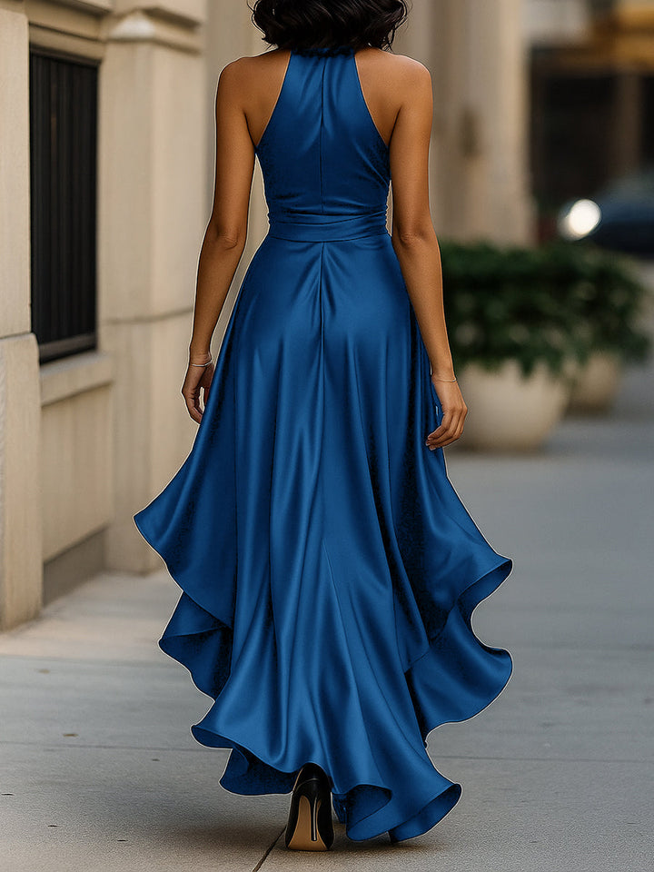 Satin Halter Midnight Wedding Guest Ruffle Gown